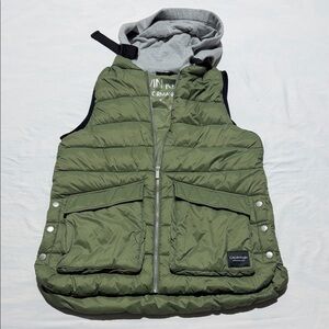 Calvin Klein Olive Green Quilted Women’s  Vest with Gray Hood